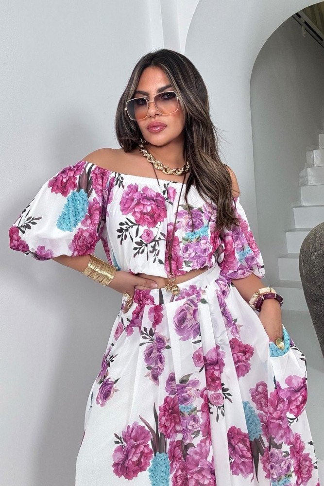 Şifon Madonna Yaka Crop Etek Takım