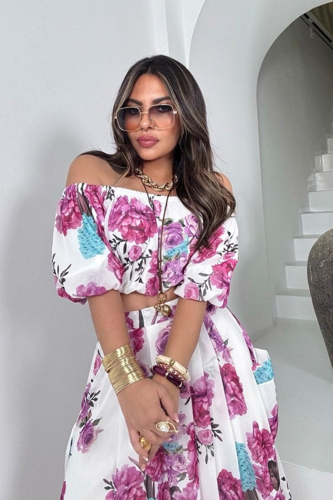 Şifon Madonna Yaka Crop Etek Takım