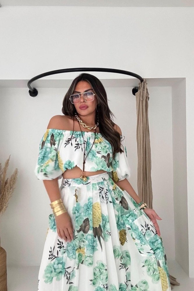 Şifon Madonna Yaka Crop Etek Takım