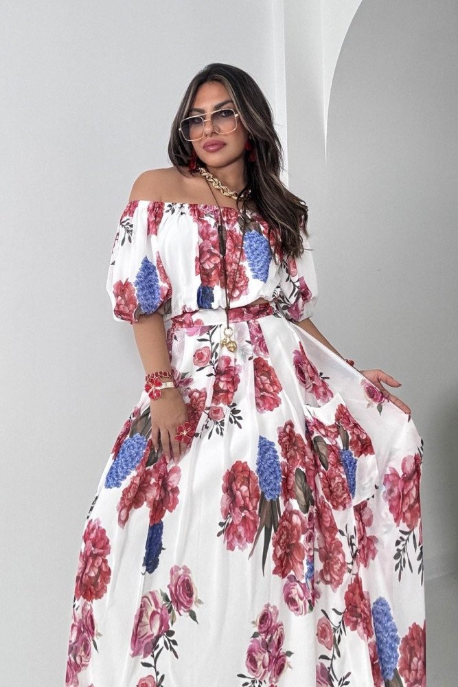 Şifon Madonna Yaka Crop Etek Takım