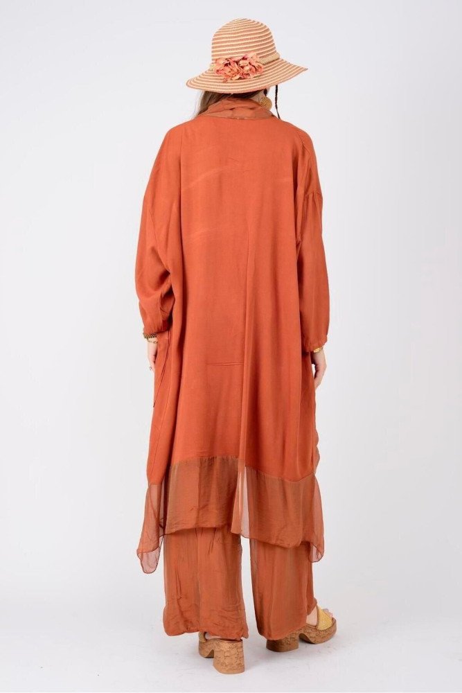 Kiremit Italyan İpek Detaylı Oversize Kap Bluz Wes Pantolon Takım