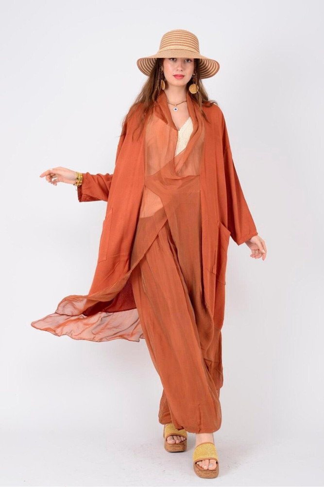 Kiremit Italyan İpek Detaylı Oversize Kap Bluz Wes Pantolon Takım