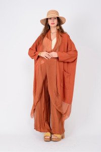 Kiremit Italyan İpek Detaylı Oversize Kap Bluz Wes Pantolon Takım