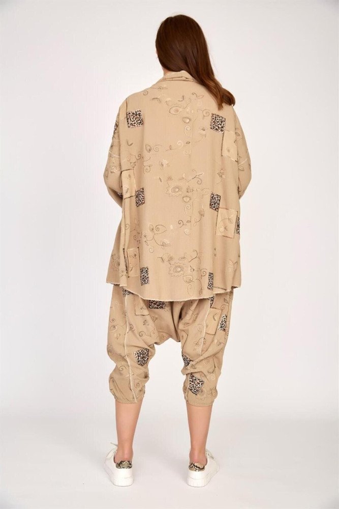 Bej Boho Şalvar Asimetrik Ceket Pantolon Takım