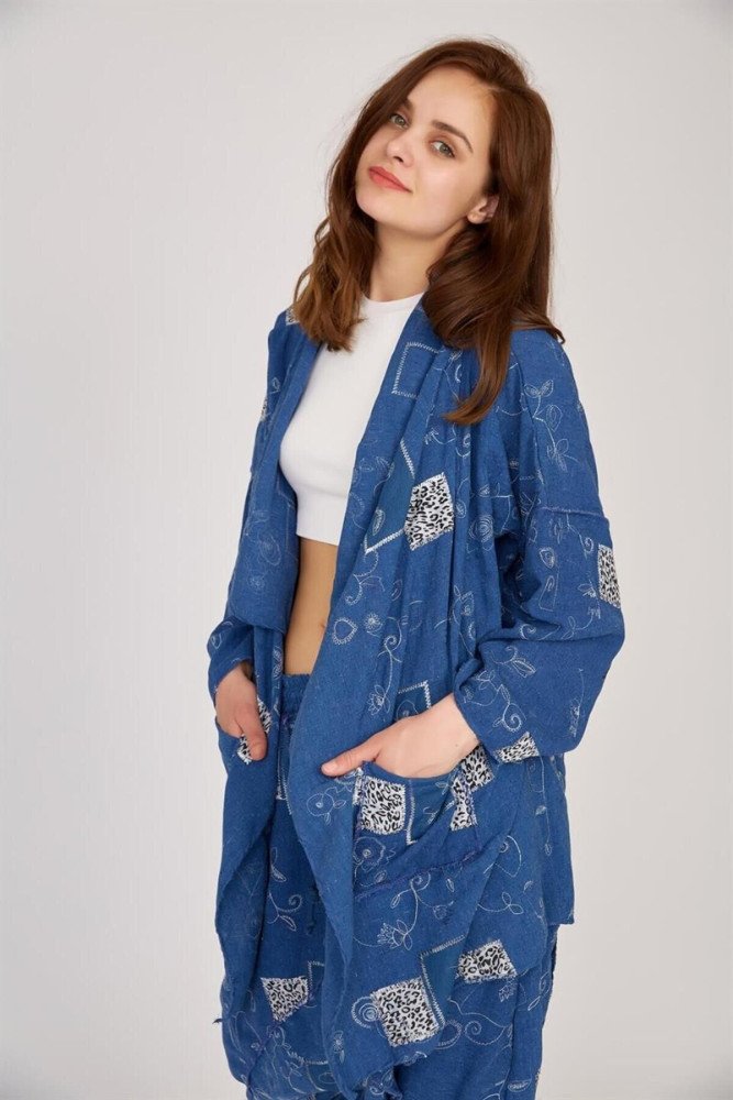 Bej Boho Şalvar Asimetrik Ceket Pantolon Takım