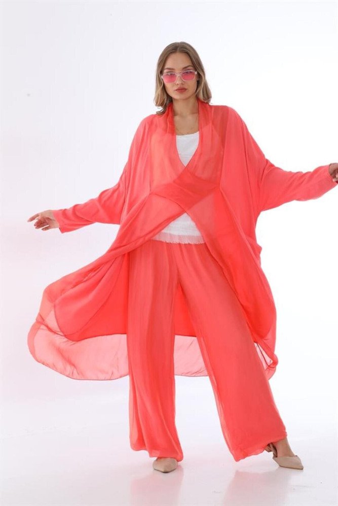 Zümrüt Yeşili Italyan İpek Detaylı Oversize Kap Bluz Wes Pantolon Takım