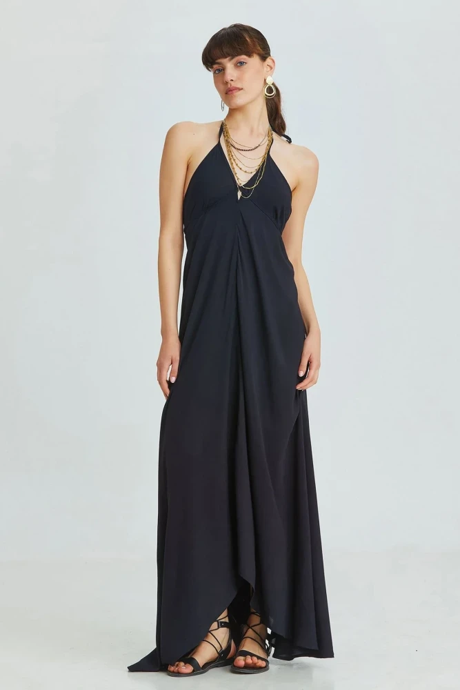 Sırt Dekolteli Yazlık Bohem Elbise Siyah