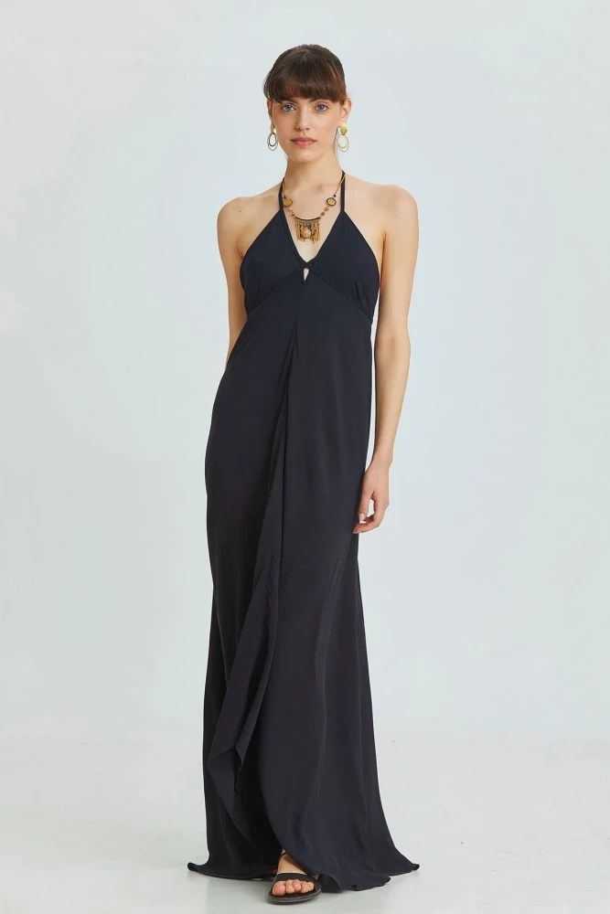 Sırt Dekolteli Yazlık Bohem Elbise Siyah